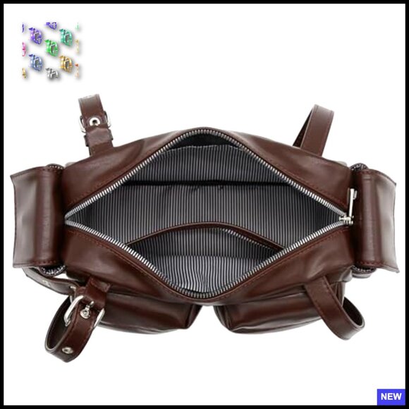 Glossy Faux Leather Shoulder Bag Multi Pocket Baguette Style Adjustable Strap - Picture 6 of 6